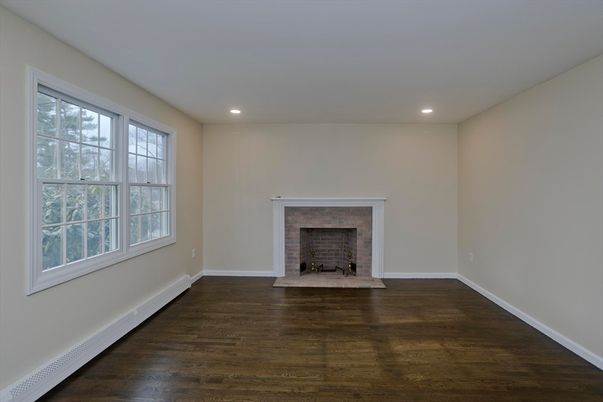 Empty room, Fireplace, Interior, Recessed Lighting, Wood Texture Flooring