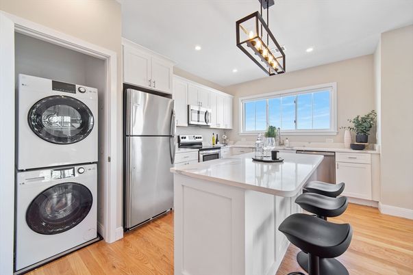 Interior, Kitchen, Pendant Lights, Recessed Lighting, Stainless Steel Appliances, Washer, Wood Texture Flooring