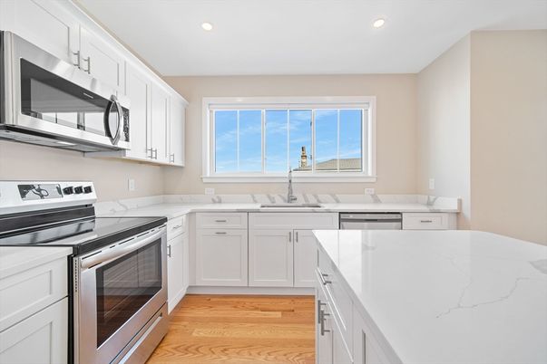 Interior, Kitchen, Recessed Lighting, Stainless Steel Appliances, Wood Texture Flooring