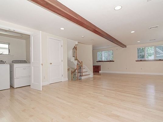 Interior, Recessed Lighting, Washer, Wooden Beams, Wood Texture Flooring