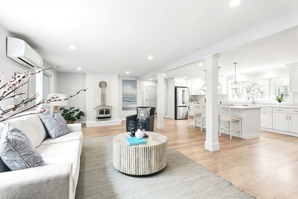 Fireplace, Interior, Kitchen, Living room, Pendant Lights, Recessed Lighting, Wood Texture Flooring
