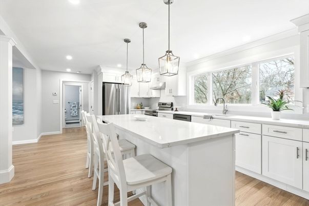 Interior, Kitchen, Pendant Lights, Recessed Lighting, Stainless Steel Appliances, Wood Texture Flooring