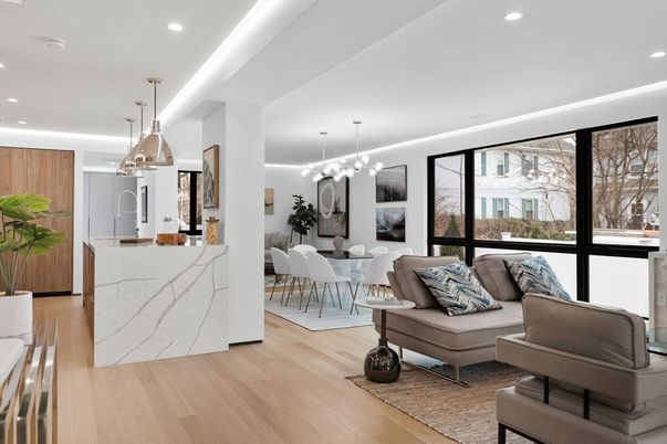 Dining room, Interior, Kitchen, Living room, Pendant Lights, Recessed Lighting, Wood Texture Flooring