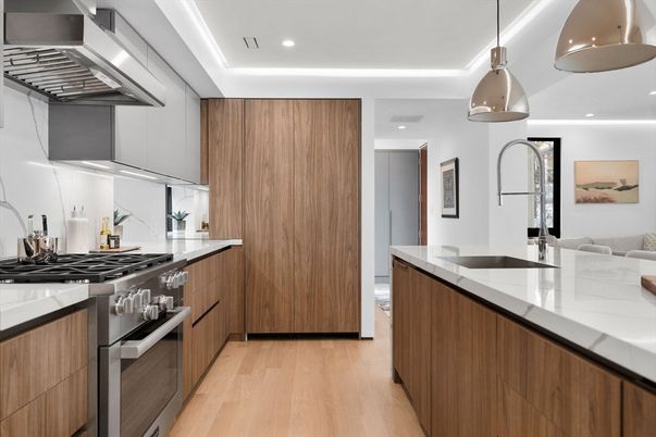 Interior, Kitchen, Pendant Lights, Recessed Lighting, Stainless Steel Appliances, Wood Texture Flooring