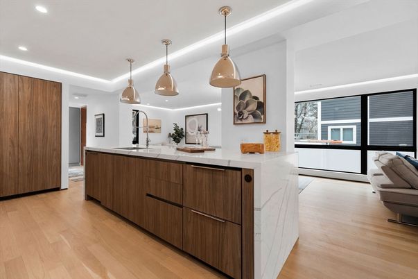 Interior, Kitchen, Pendant Lights, Recessed Lighting, Wood Texture Flooring