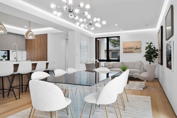 Dining room, Interior, Kitchen, Living room, Pendant Lights, Recessed Lighting, Wood Texture Flooring