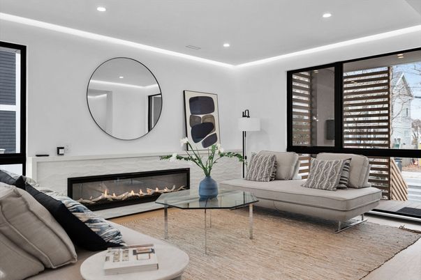 Fireplace, Interior, Living room, Recessed Lighting, Wood Texture Flooring