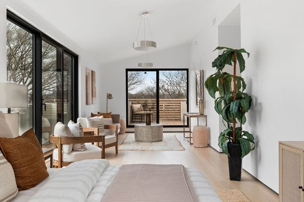 Bedroom, Dining room, Interior, Living room, Pendant Lights, Wood Texture Flooring