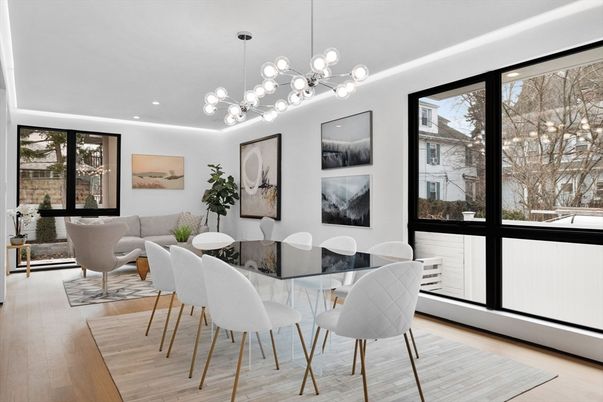 Dining room, Interior, Living room, Pendant Lights, Recessed Lighting, Wood Texture Flooring
