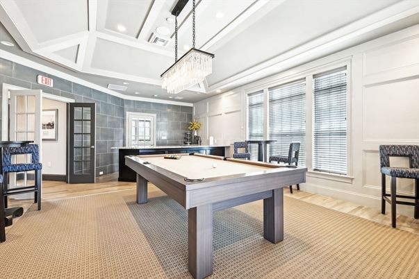 Billiard Table, Chandelier, Game Room, Interior, Recessed Lighting, Wood Texture Flooring