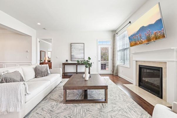 Fireplace, Interior, Living room, Recessed Lighting, Wood Texture Flooring