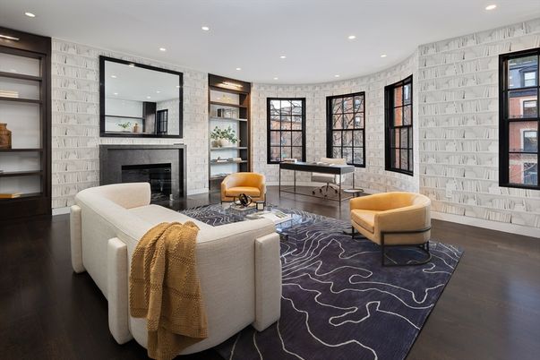 Fireplace, Home Office, Interior, Living room, Recessed Lighting, Stone Walls, Wood Texture Flooring