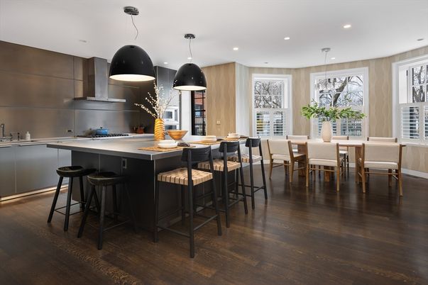 Dining room, Interior, Kitchen, Pendant Lights, Recessed Lighting, Wood Texture Flooring