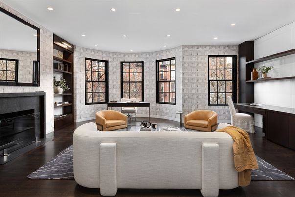 Fireplace, Interior, Living room, Recessed Lighting, Stone Walls, Wood Texture Flooring