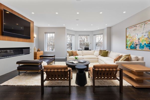 Fireplace, Interior, Living room, Recessed Lighting, Wood Texture Flooring
