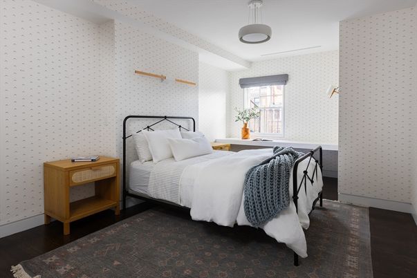 Bedroom, Interior, Pendant Lights, Wood Texture Flooring
