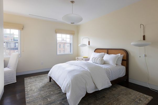 Bedroom, Interior, Pendant Lights, Wood Texture Flooring
