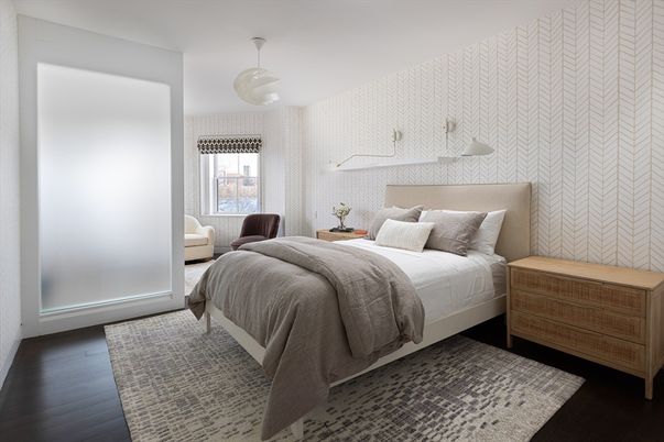 Bedroom, Interior, Pendant Lights, Wood Texture Flooring