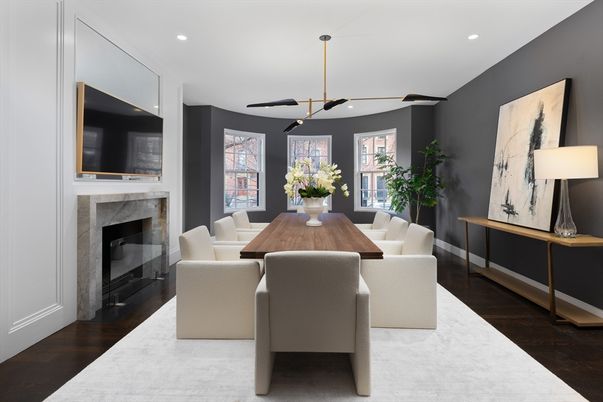 Dining room, Fireplace, Interior, Pendant Lights, Recessed Lighting, Wood Texture Flooring