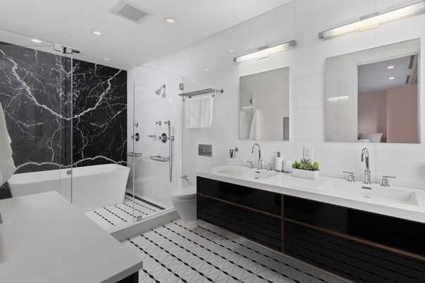 Bathroom, Dual Sink Vanities, Free Standing Baths, Glass Shower, Interior, Marble Walls, Recessed Lighting