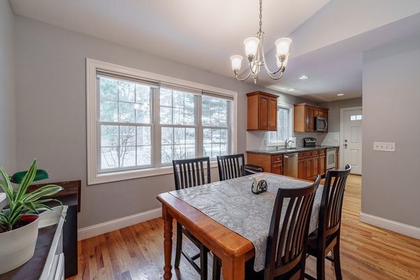 Chandelier, Dining room, Interior, Kitchen, Recessed Lighting, Wood Texture Flooring