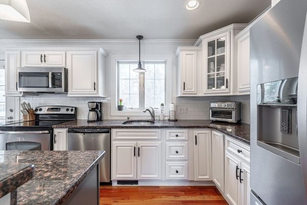 Interior, Kitchen, Pendant Lights, Recessed Lighting, Stainless Steel Appliances, Wood Texture Flooring