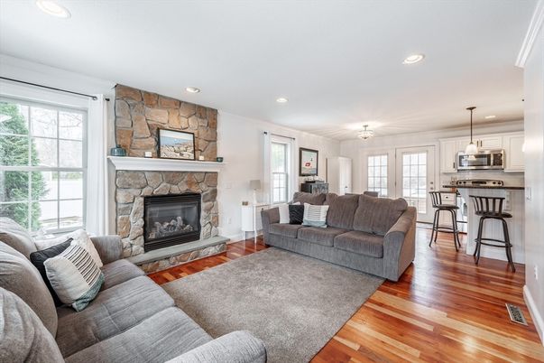 Fireplace, Interior, Kitchen, Living room, Pendant Lights, Recessed Lighting, Stone Walls, Wood Texture Flooring