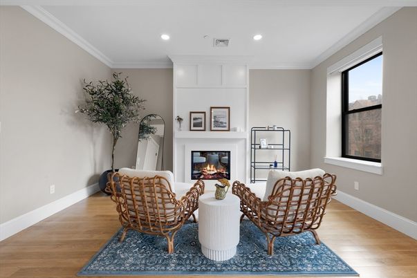 Fireplace, Interior, Living room, Recessed Lighting, Wood Texture Flooring
