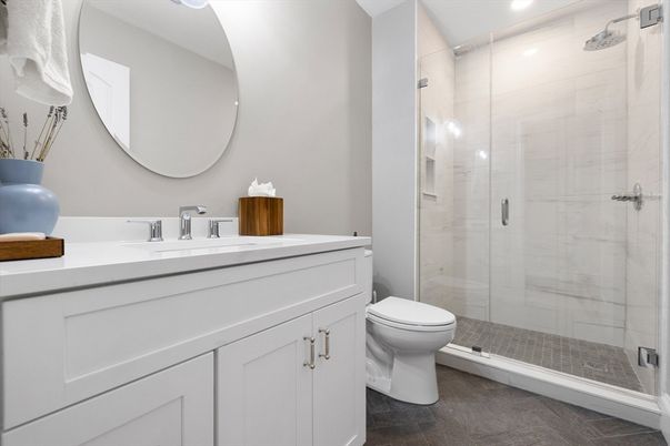 Bathroom, Dual Sink Vanities, Glass Shower, Interior, Recessed Lighting
