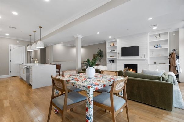 Dining room, Fireplace, Interior, Kitchen, Living room, Pendant Lights, Recessed Lighting, Wood Texture Flooring