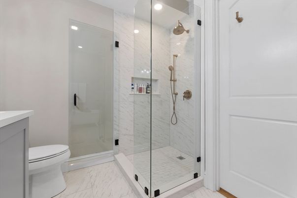 Bathroom, Glass Shower, Interior, Marble, Marble Walls, Recessed Lighting