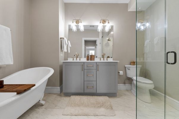 Bathroom, Dual Sink Vanities, Free Standing Baths, Glass Shower, Interior, Marble