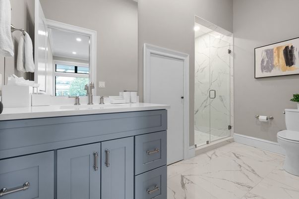 Bathroom, Glass Shower, Interior, Marble, Marble Walls, Recessed Lighting