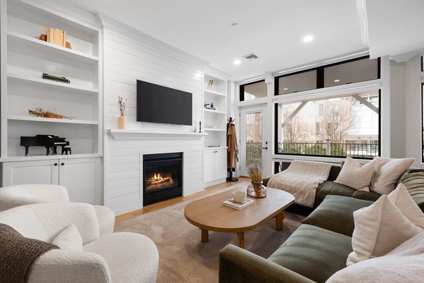 Fireplace, Interior, Living room, Recessed Lighting, Wood Texture Flooring