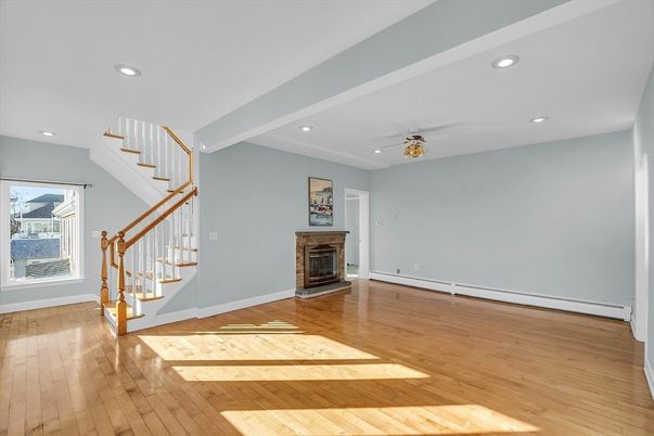 Empty room, Fireplace, Interior, Recessed Lighting, Wood Texture Flooring