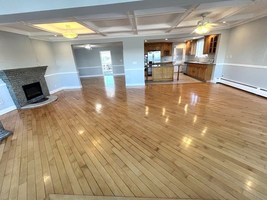 Empty room, Fireplace, Interior, Kitchen, Wood Texture Flooring
