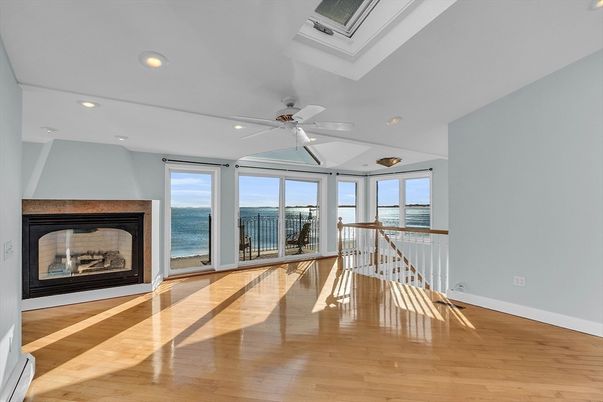 Empty room, Fireplace, Interior, Recessed Lighting, Water, Wood Texture Flooring