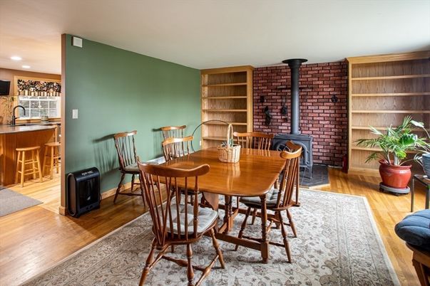 Dining room, Interior, Kitchen, Recessed Lighting, Stone Walls, Wood Texture Flooring