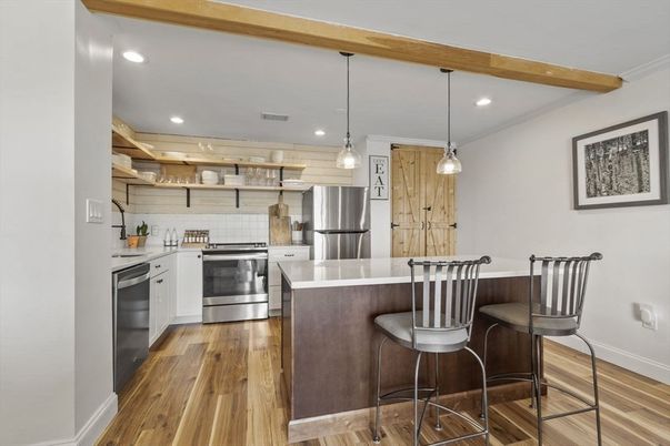 Interior, Kitchen, Pendant Lights, Recessed Lighting, Stainless Steel Appliances, Wooden Beams, Wood Texture Flooring