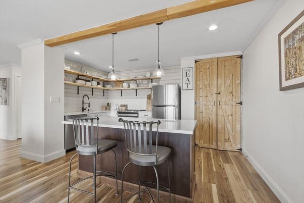 Interior, Kitchen, Pendant Lights, Recessed Lighting, Stainless Steel Appliances, Wooden Beams, Wood Texture Flooring