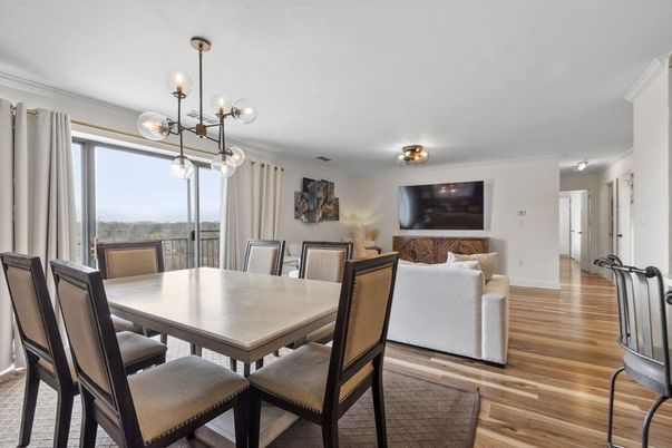 Dining room, Interior, Living room, Pendant Lights, Wood Texture Flooring
