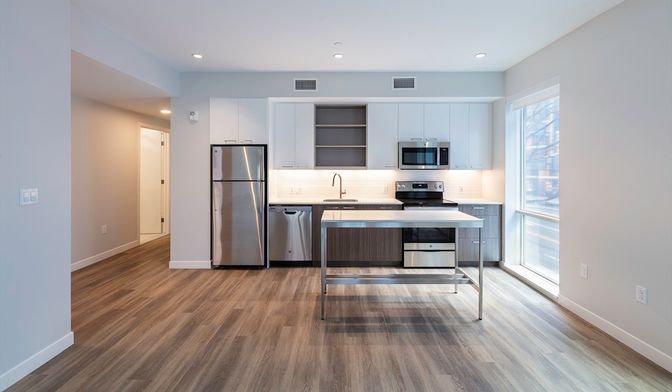 Interior, Kitchen, Recessed Lighting, Stainless Steel Appliances, Wood Texture Flooring