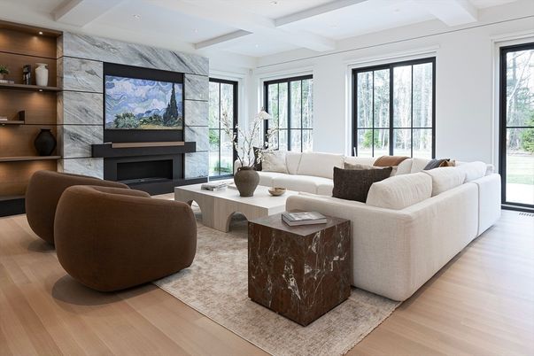 Fireplace, Interior, Living room, Marble Walls, Recessed Lighting, Wood Texture Flooring