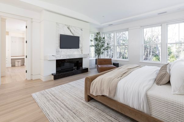 Bedroom, Fireplace, Interior, Marble Walls, Recessed Lighting, Wood Texture Flooring