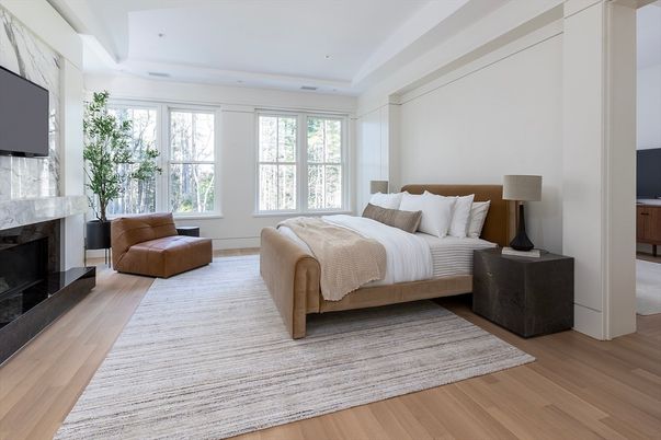 Bedroom, Fireplace, Interior, Recessed Lighting, Wood Texture Flooring