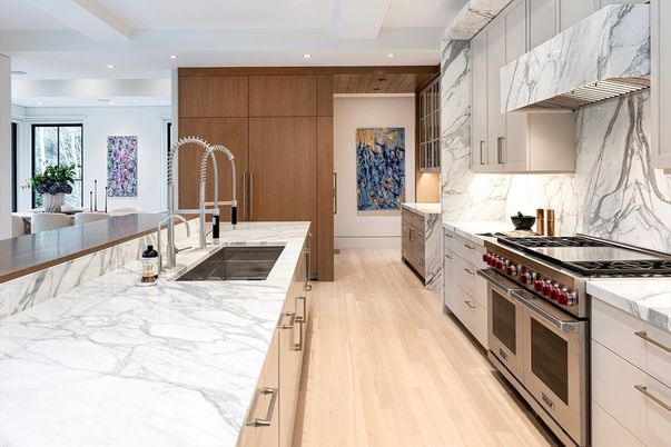 Interior, Kitchen, Marble Walls, Recessed Lighting, Stainless Steel Appliances, Wood Texture Flooring