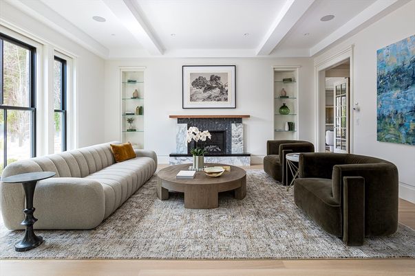 Fireplace, Interior, Living room, Recessed Lighting, Wood Texture Flooring
