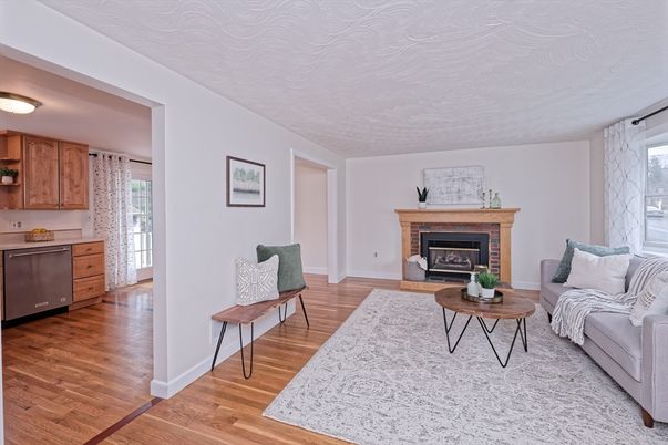 Fireplace, Interior, Kitchen, Living room, Wood Texture Flooring