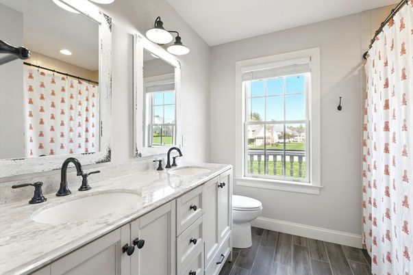 Bathroom, Dual Sink Vanities, Interior, Recessed Lighting, Wood Texture Flooring