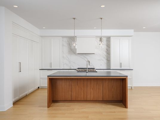 Interior, Kitchen, Marble Walls, Pendant Lights, Recessed Lighting, Stainless Steel Appliances, Wood Texture Flooring